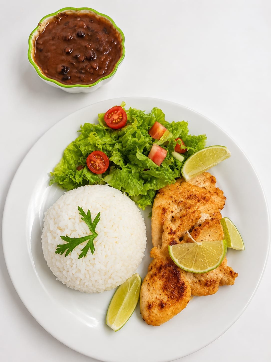 Filé de frango grelhado com arroz, feijão e salada