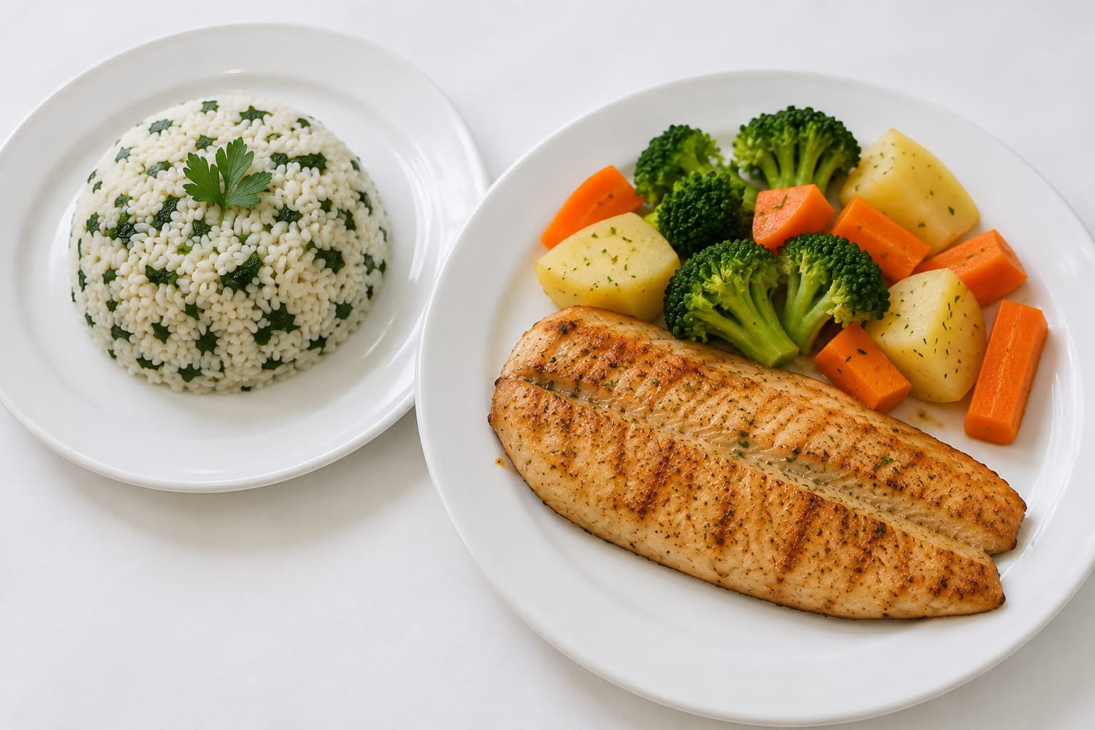 Filé grelhado com arroz e legumes