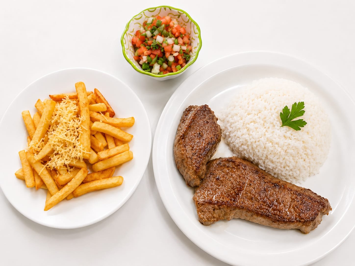 Picanha grelhada com arroz, fritas e vinagrete